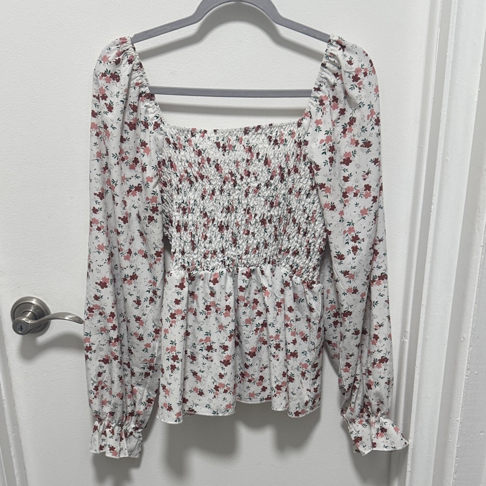 Floral Smocked Blouse - White and Red